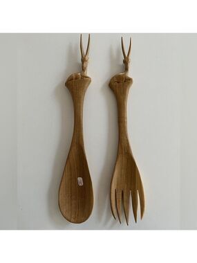 VINTAGE Carved Wood Salad Serving Set Antelope Gazelle Handle Made Kenya Unused
